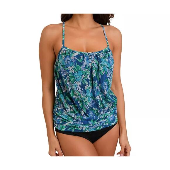 Fit 4 U Tankini Swim Top Tropical Floral Resort Beachcore Blue 18 - Picture 1 of 7
